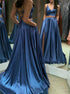 A Line Blue Two Piece Satin V Neck Lace Up Prom Dresses With Pocket and Slit LBQ1739